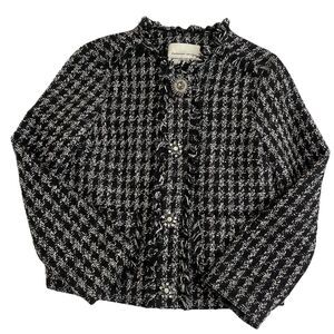 Common Unique Tweed Fringe Trim  Houndstooth Embellished Buttons Blazer- S